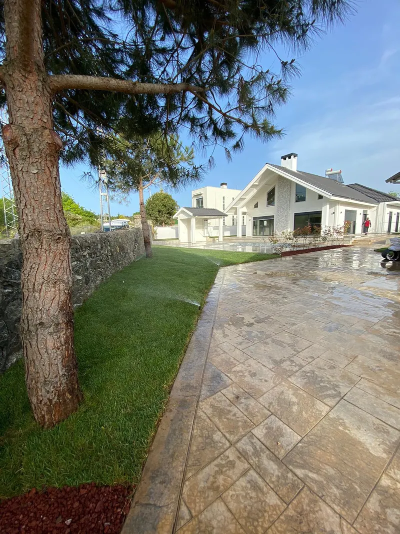 Şile villa bahçesinde mevcut büyük ağaçların yanında çim alan ve kıvrımlı yürüyüş sınırı